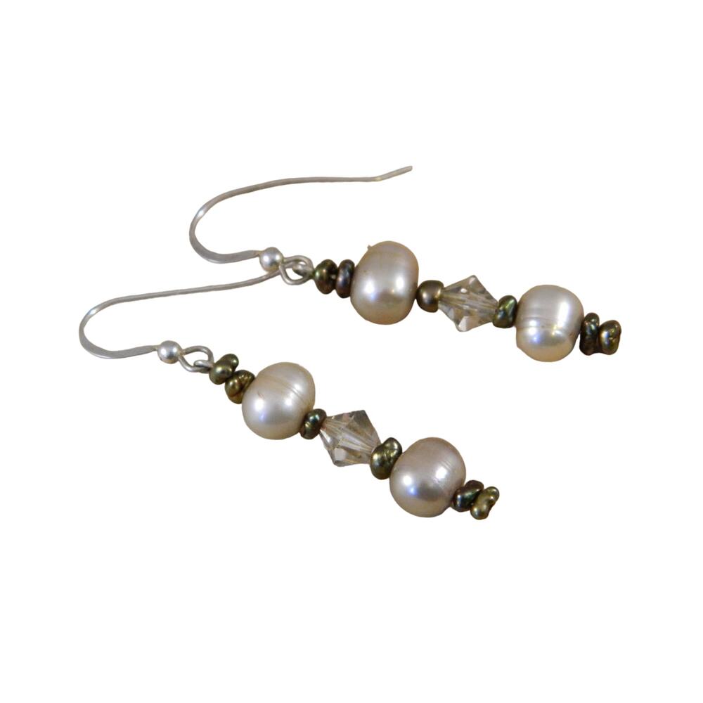 Vintage Drop Earrings Pearls Rhinestones Silver